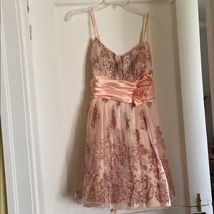 Peach sparkling flower short prom dress